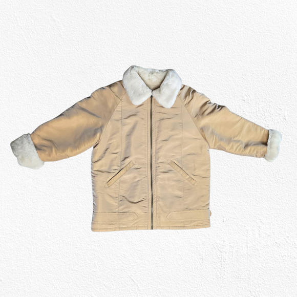 1990s Vintage Beige Tan Faux Shearling Lined Full Zip Y2K Jacket Size Medium - Picture 3 of 10